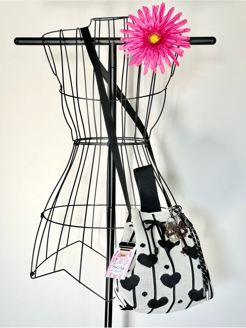 New I Love Coffee Theme Black Hearts Print Bucket Bag Crossbody Purse w/ Charm
